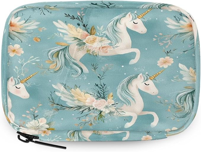 Weekly Pill Organizer Travel Size Bag with Removable 7 Day Pill Box Portable Vitamin Case Purse with Zipper,Unicorns Flowers Blue Pattern