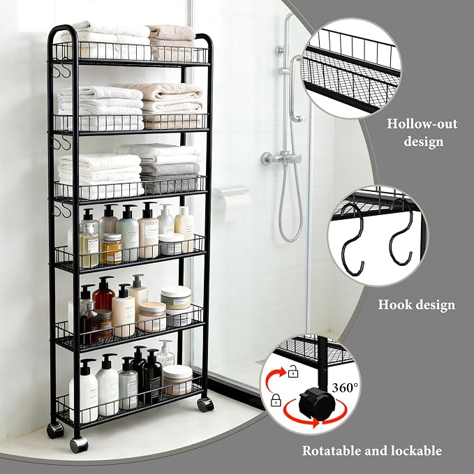 6in 6 Tier Slim Storage Cart with Wheels, Narrow Space Rolling Shelving Unit, Metal Wire Mobile Organizer Rack for Kitchen Bathroom Office Laundry