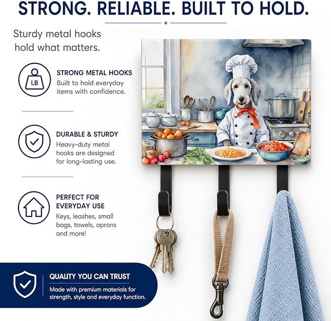 Caroline's Treasures Bedlington Terrier The Chef Leash or Key Holder Wall Hooks, Key Hooks Holder, Coat Rack Wall Mount, Coat Hooks, Hooks for Hanging Keys, Towels, Aprons, Leashes | Bedlington Terrier The Chef artwork on ceramic tile with three steel ...