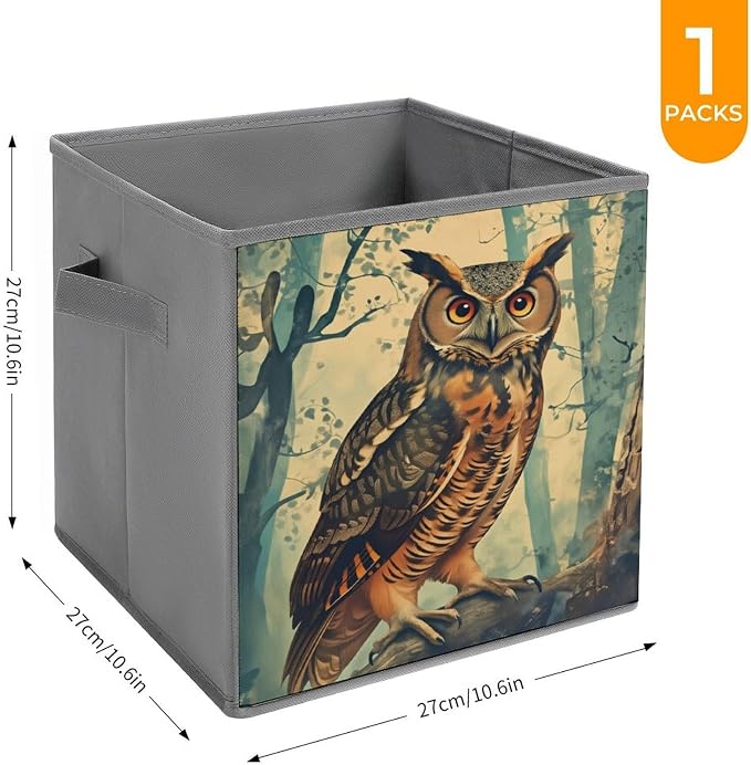 An Owl, A Quiet Forest Foldable Storage Bins, 10.6" Cube Storage Organizer, Sturdy Oxford Cloth Fabric Baskets for Closet, Shelf, Nursery, Bedroom, Decorative Printed Box for Toys & Clothes