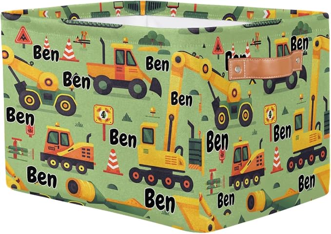 Personalized Name Storage Basket Handles for Boys, Canvas Storage Bins Toys Clothes Organizer for Bedroom, Kitchen, Bathroom, Nursery, Shelves, Closets, Cartoon Excavator Construction Vehicle