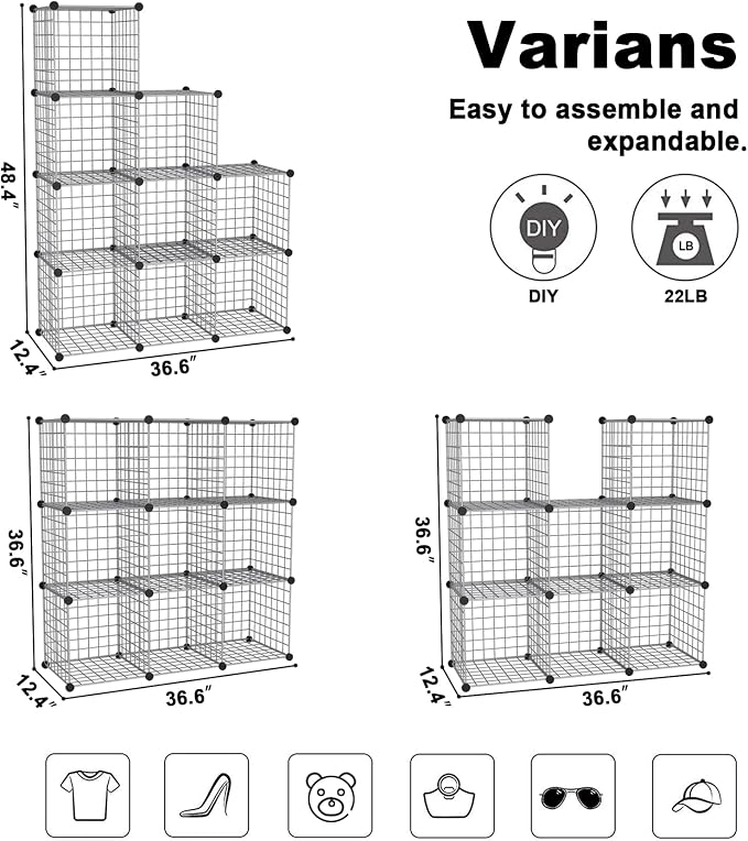 C&AHOME Wire Cube Storage, 9 - Cube Organizer Metal C Grids, Silver Gray | Modular Shelves Units, Closet Organizer, Storage Bins Shelving, Ideal for Home, Office, Living Room