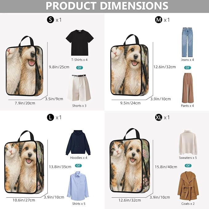 Garden Pet Friends 4 Set Compression Packing Cubes | Expandable Travel Organizers For Suitcases, Carry-On Bags, Business Trips, Camping, And Closet Storage