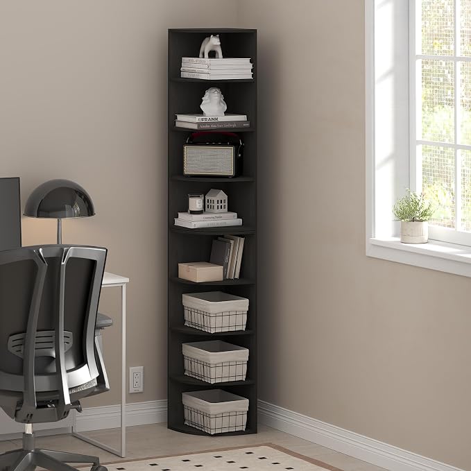 Furinno ECON Corner Shelf, 8-Tier Corner Book Shelf, Storage Shelves, Display Rack, Bookshelf, for Organization and Storage, Living Room, Home Office, Espresso