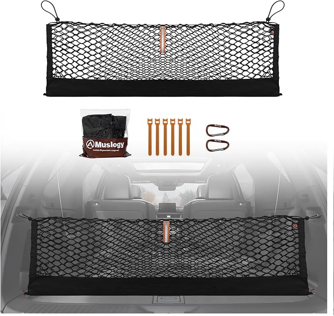 Muslogy Cargo Net for Honda Pilot 2023-2026 & 2026+ Passport Accessories | Custom Fit, Trunk Storage Organizer Net for SUV Sedan Van Divider, with Heavy Duty Carabiners, Night Visible Grab Handle