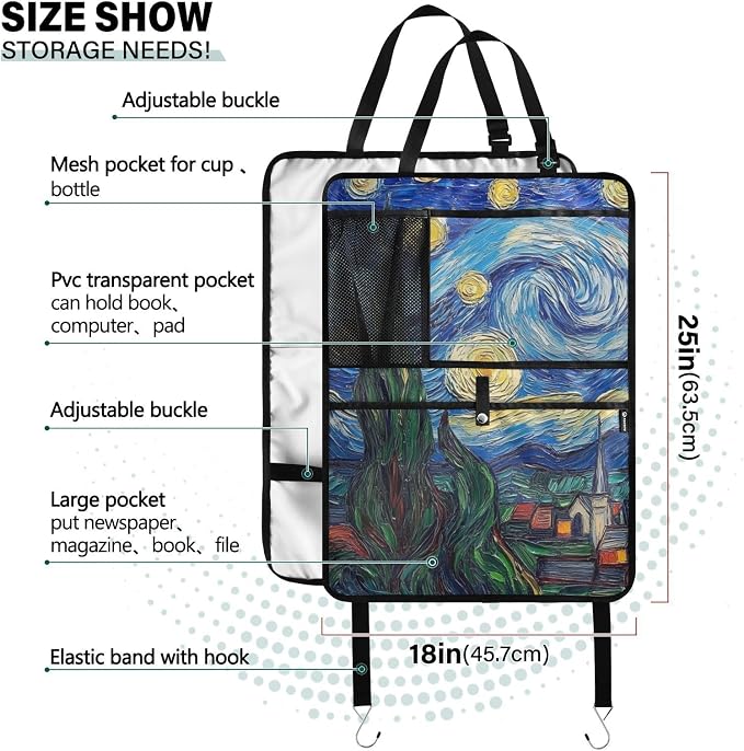 JIPONI Car Backseat Organizer, Van..gogh Starry Automotive Back Seat Protector, Kick Mats with Storage Pockets for Kids Pets, Road Trip Accessories