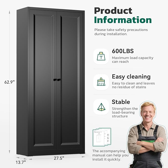 Greenvelly Metal Storage Cabinet, 63" H Black Metal Storage Cabinet with Doors and 4 Shelves, Lockable Steel Cabinets for Living Room, Office, School (Black - Modern)