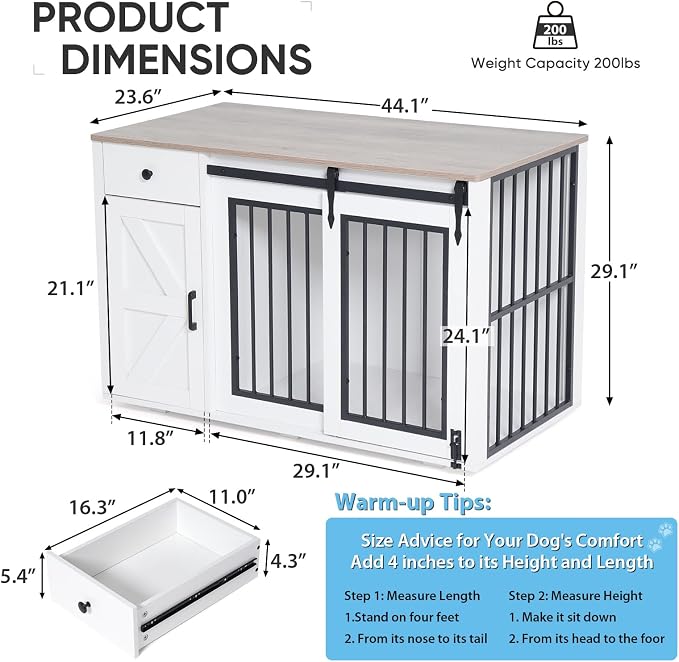 Verano Garden 44" Dog Crate Furniture, Dog Kennel (44" Left Facing Door) | 2-in-1, Lockable, Sliding Door, Removable Divider, Adjustable Shelf, Farmhouse, Heavy Duty, Small Medium Dogs, White