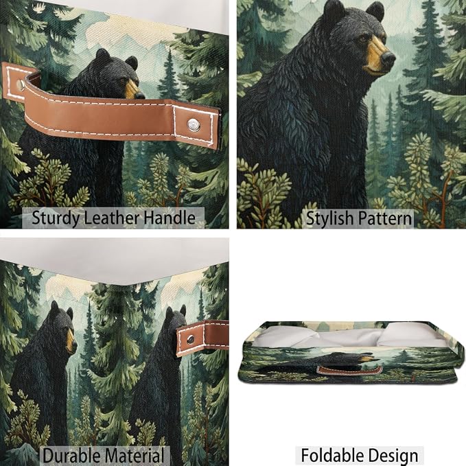 Black Bear Forest Wild Animals Cube Storage Bin, 13 Inch Collapsible Fabric Storage Cubes Bin, Foldable Cube Baskets for Shelf, Closet, Organizer