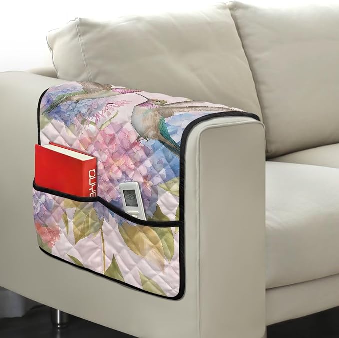 Hummingbird Floral Stretch Armrest Covers Couch Arm Cover Non-Slip Arm Rest Covers with 2 Pockets Armchair Slipcovers for Recliner Furniture Protector Home Decor