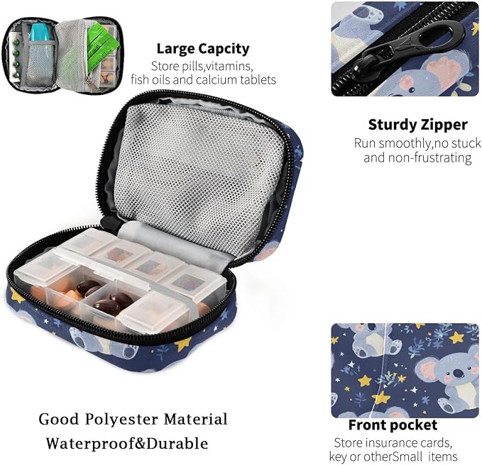 Fustylead Cute Cartoon Koala Bear and Stars Travel Pill Case Bag with Zipper Weekly Pill Box 8 Compartments 7 Day Personal Pill Case Purse Medicine Case Organizer