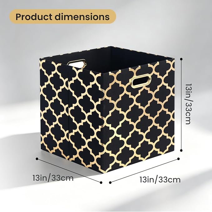 Posprica 13x13x13 Storage Cube Bins, Collapsible Storage Bins Fabric Storage Cubes Organizer Baskets Box Drawers for Shelves, Closet, Wardrobe, Bookshelf, Cabinet,(Set of 4, Black/Gold lantern)