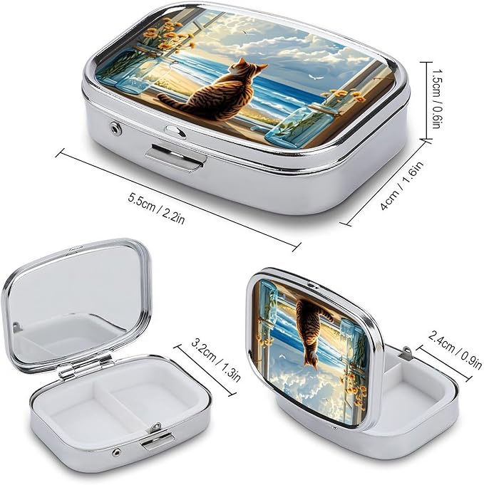 Cat On Windowsill Durable Metal Pill Case for Daily Use, 2 Slot Medicine Box Organizer,Leak Proof Travel Pill Container for Vitamins, Compact Pocket Medicine Holder for Seniors,Holiday Gift