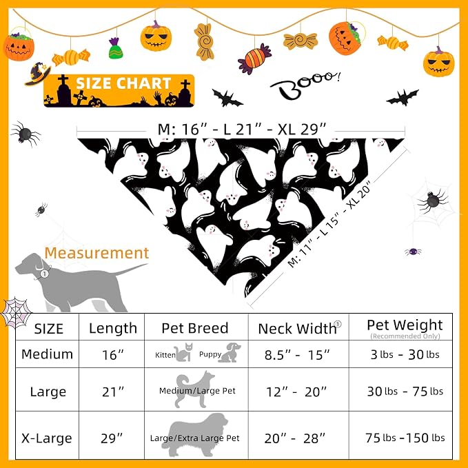 Halloween Dog Bandanas Black Ghost Spooky Costumes, Extra Large Pet