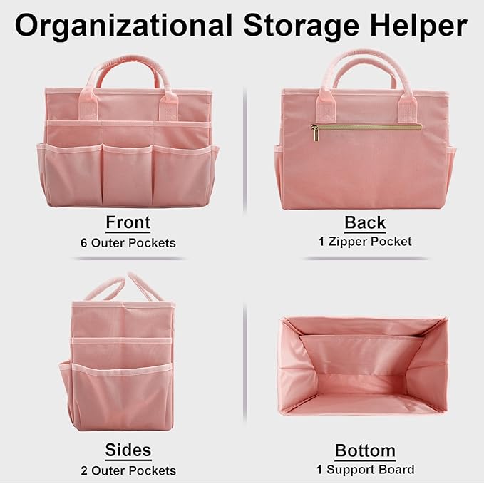 Cupohus Craft Organizer Bag, Pink Art Supply Tote with Multiple Pockets | Portable Storage Tote for Scrapbooking, Journal, Sewing, Oxford Fabric Carrying Caddy for Teacher, Officer, Artist