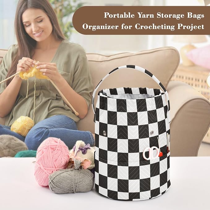 Tatenale Crochet Bag Yarn Bag Knitting Project Bag with Pockets and Handle Portable Yarn Storage Organizer Tangle Free 8.3x11 InchCheckered Black and White15