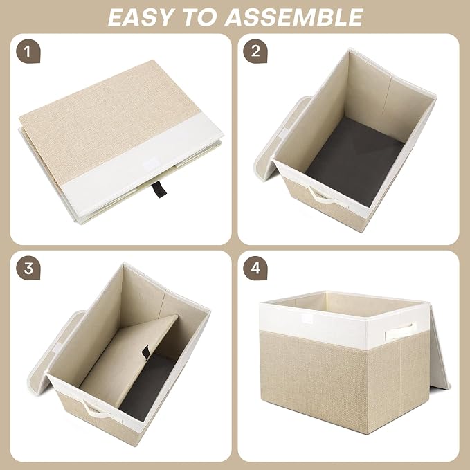 Large 42 Quarts Fabric Storage Bins with Lids [2-Pack] Linen Collapsible Foldable Baskets, Closet Organizer Containers boxes with Handles for Home Office (16.7 x 12 x 12, Beige & White)