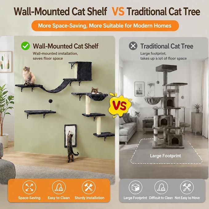 Cat Wall Shelves, Space-Saving Wall-Mounted Cat Climbing Set for Large Cats | Multi-Level Climbing System, Wall Furniture, Bed, Steps, Hammock, Wall Scratcher, Indoor Cat 40 lbs Small Place Corner Room