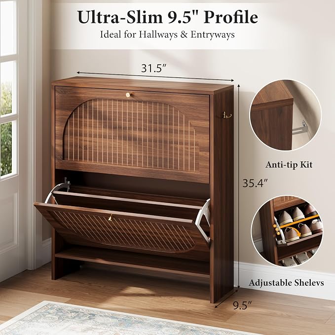 Arch-Chic Shoe Cabinet for Entryway, Modern Mid-Century Shoe Storage Cabinet with Fluted, Narrow Shoe Rack with Adjustable Shelves & Tipping Protection, Fits Size 12+ Shoes,Luminous Walnut