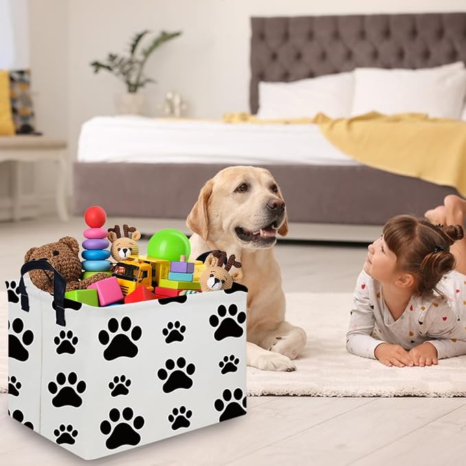 Rectangular Dog Basket,Nursery Hamper,Collapsible canvas kids toy storage box,Kids room storage basket,Pet decor(Dog paw)