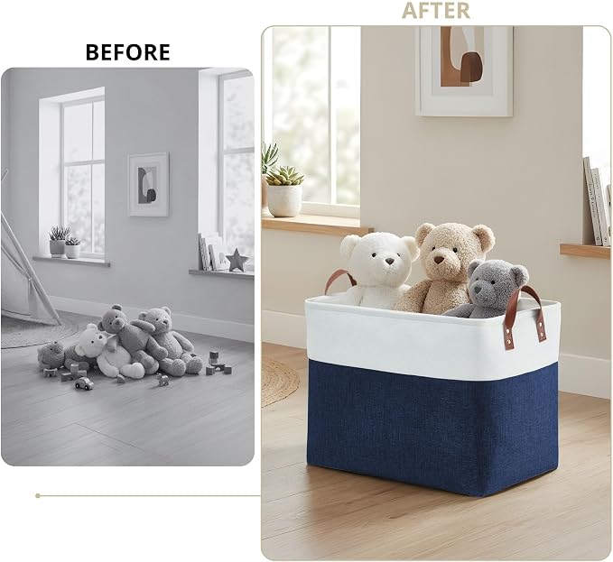 DECOMOMO Fabric Storage Bins, Extra Large Storage Baskets with Handles | 3 Pack Storage Baskets for Shelves, Laundry, Toys, Nursery (Navy Blue & White)