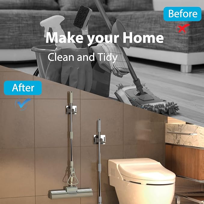 homeasy Mop Broom Holder No Drill, Mop Broom Organizer Wall Mounted Heavy Duty with Hooks Hanger, Self Adhesive Stainless Steel 4Pcs for Bathroom, Kitchen, Office (Silver)