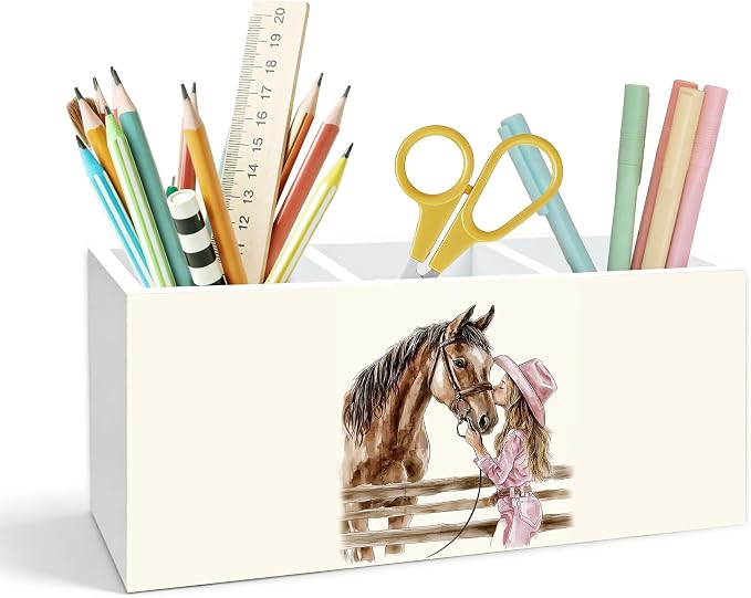 Western Cowgirl Pen Holder for Desk, Horse Gifts for Girls, Farmhouse Cowgirl Horse Wooden Box Pencil Pen Holder Organizer for Home Office Desk Accessories