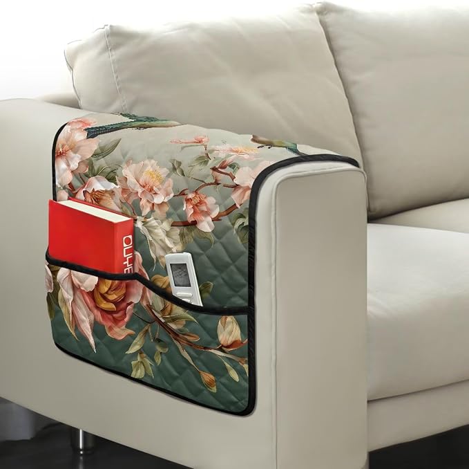 Hummingbird Sofa Arm Rest Cover Armrest Covers for Living Room Loveseat Couch Recliner Armchair Slipcover Sofa Arm Protector for Pets with Organizer Pockets