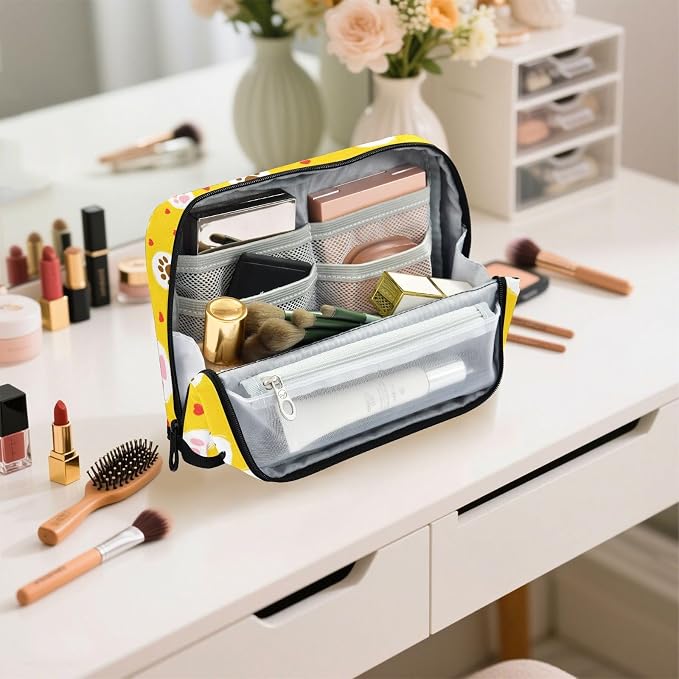 Aslsiy Large Capacity Pencil Case Cute Pet Paws on Yellow (1) Pencil Pouch for Boys Girls Portable Pen Bag Organizer Standing Makeup Bag for School Office Supplies