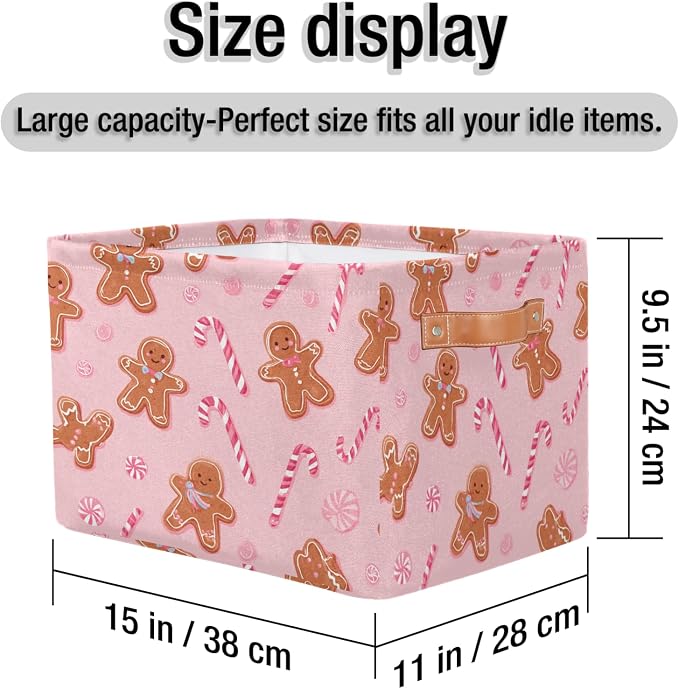 Pink Candy Gingerbread Storage Bins Christmas Nursery Baskets Waterproof Closet Organizer with Handle Collapsible Shelf Containers Storage Box for Books Cloth 15 X 11 X 9.5 IN