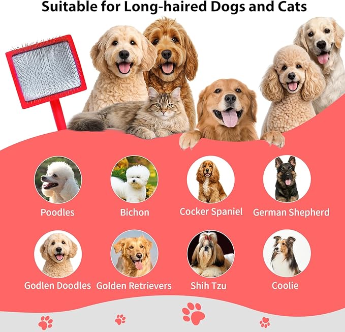 Dog Slicker Brush for Goldendoodles, Poodles & Long Haired Dogs - Long Pin Doodle Brush & Pet Comb Kit Removes Tangles Loose & Knots, Professional Grooming Tools with Wooden Handle, Red