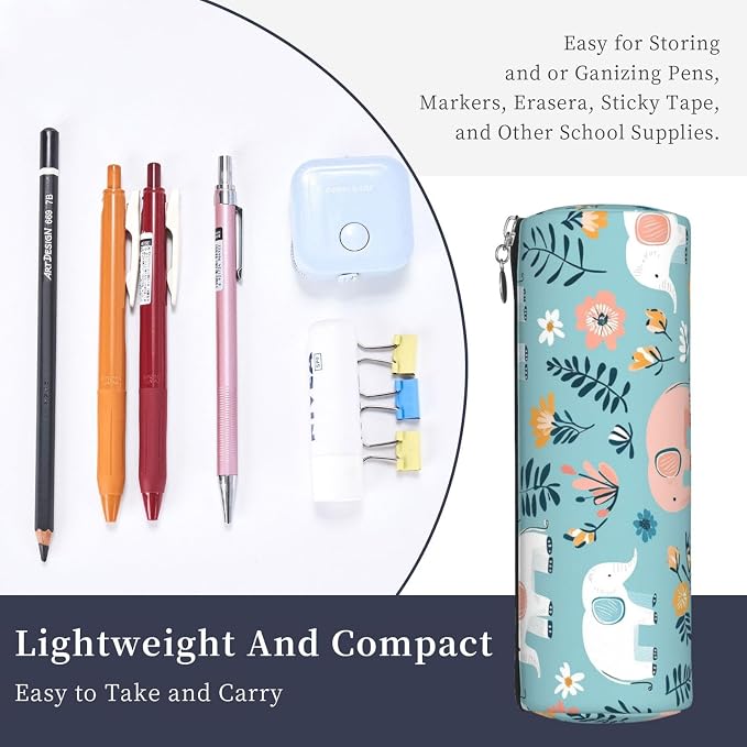 OSAM SPACE Leather Pencil Case Round Pencil Bag Elephants Flowers Leaves Pen Organizer Holder Portable Zipper Pouch Cute School Supplies for Girls Boys Study Office