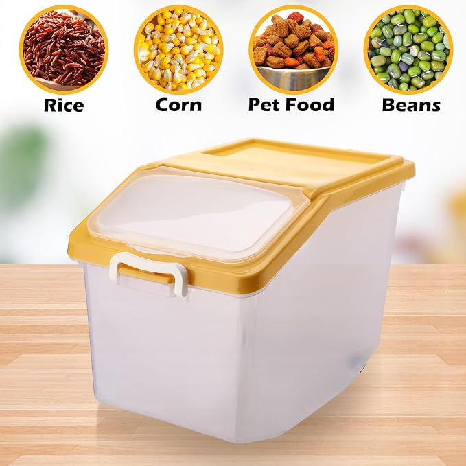 Sunnyray 4 Pcs Rice Storage Container Bulk 27.6 lb Airtight Flour Container with Wheels and Lids Measuring Cup Clear Pet Food Dog Birds Cat Food Bin Grain Cereal Organizer Box(Yellow)