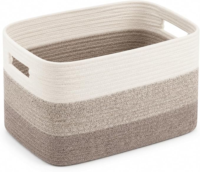 Cotton Rope Laundry Basket Medium, 15.4GAL Collapsible Woven Storage Baskets for Living Room Kids Toys Stuffed Animal Boho Rectangular Decorative Short Hamper for Dirty Clothes Blankets Gradient Brown