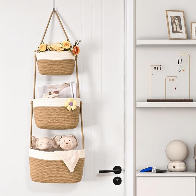 Hanging Basket, 3-Tier Woven Wall Basket with 4 Hooks, Cotton Rope Storage Baskets, Over the Door Organizer for Nursery, Bedroom, Cottage and Boho Wall Decor