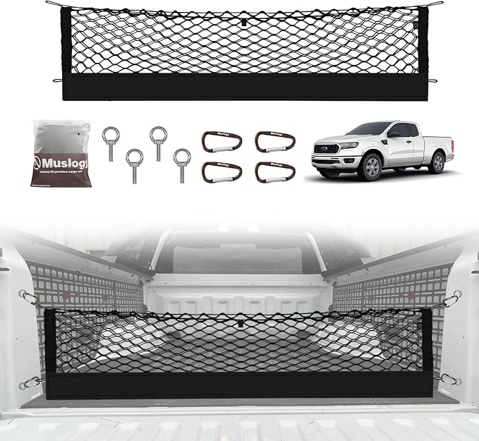 Muslogy Cargo Net for Ford Ranger 2019-2023 Accessories | Custom Fit, Truck Bed Storage Organizer Net for Pickup Truck Bed Divider, Heavy Duty Carabiners, Night Visible Grab Handle