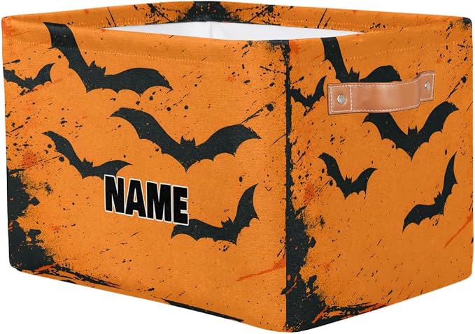 Personalized Storage Bins for Boys, Customized Name Watercolor Ink Orange Black Bat Storage Basket Rectangle Clothes Organizer for Organizing Kids and Pets Toys Shelf Closet