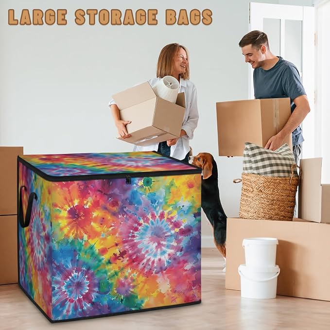 Tie Dye Large Storage Bags, Fabric Bed Storage Containers, Foldable Closet Organizers for Blanket, Clothing, Comforter, Bedding, Colorful