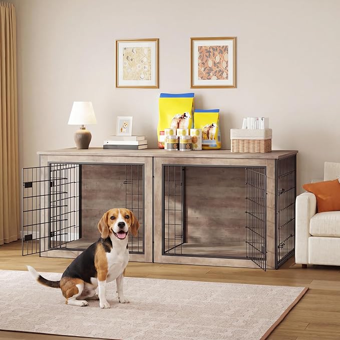 HOOBRO Dog Crate Furniture for 2 Dogs, 63" Large Double Dog Crate Furniture with Divider, Wooden Indoor Kennel TV Stand for Medium Large Dogs, Greige and Black BG55GW03