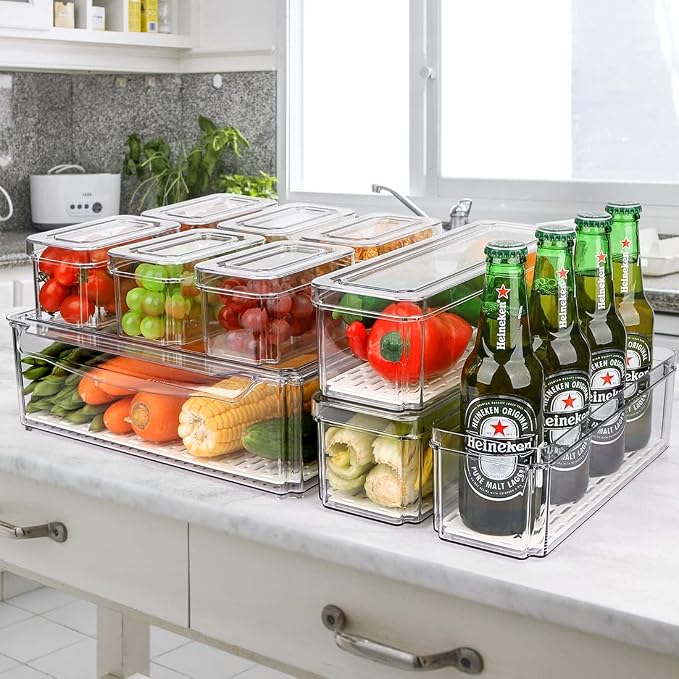 10 Pack Refrigerator Pantry Organizer Bins with Lids, Fridge Organizer Bins | BPA-Free Stackable Clear Plastic Food Storage Bins for Kitchen,Countertops,Cabinets,Fridge,Drinks,Fruits,Vegetables
