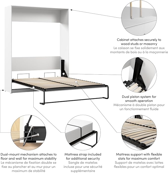 Bestar Queen Murphy Bed, White, Claremont, 65W | Dual piston mechanism; for guest room or multipurpose space