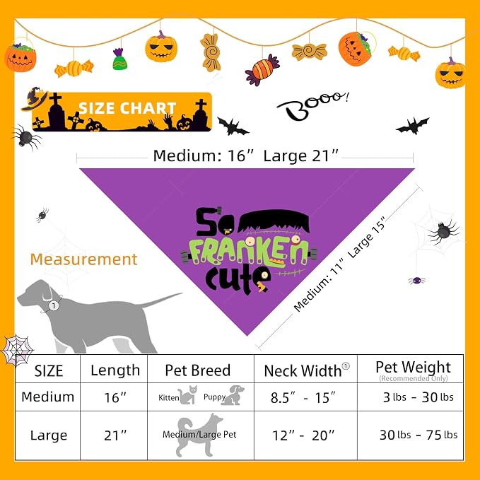 Halloween Dog Bandanas with So Franken Cute Sign, 5-30lbs Pet