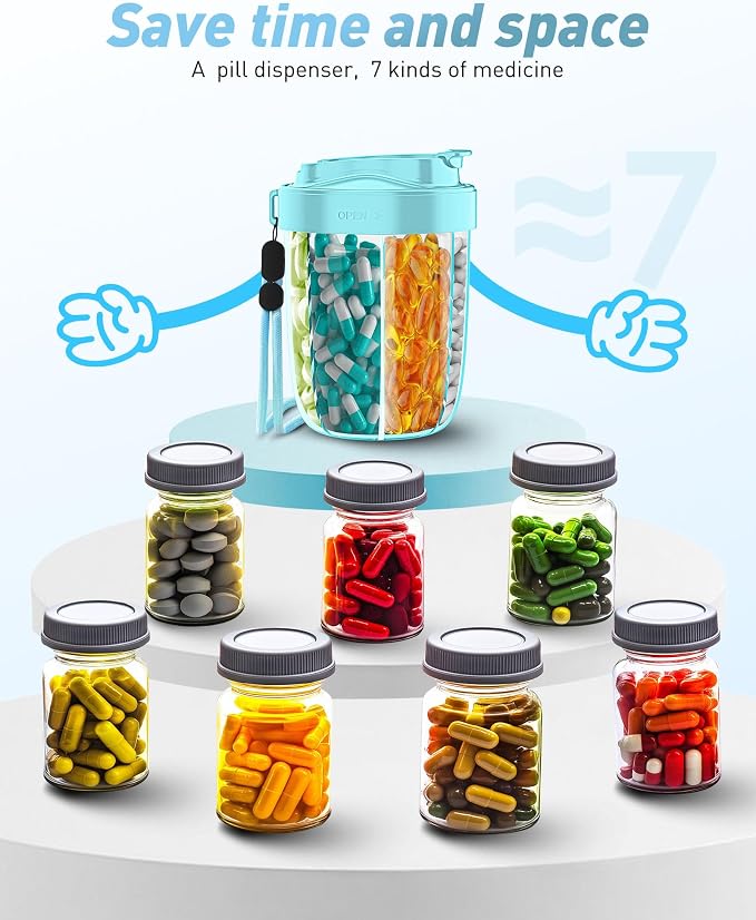 Large Pill Dispenser to Store 7 Various Supplements - Pill Organizer & Supplement Organizer for Travel, Anti-Mixing Design, with Strap & 20 Sticky Labels (Blue)