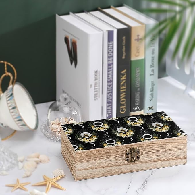 Wooden Storage Boxes Decorative Keepsake Organizer with Lid, Witchy Gothic | Moon Mushroom Floral Bee Memory Box for Picture Letters, Holiday Party Decoration, 9.2x5.5x3.9 Inch
