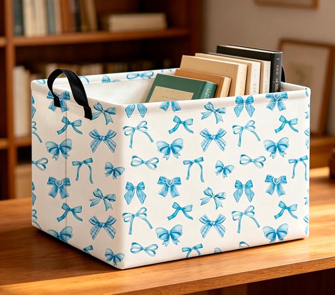 CLOCOR Rectangular Storage Basket Empty,Gift Basket,Waterproof Storage Bin,Room Decor(Blue Bowknot)