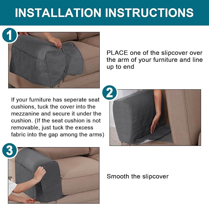 2-Pack Waterproof Armrest Covers for Couches & Chairs – Anti-Slip Furniture Protectors with Side Pockets, Washable Sofa Arm Covers, Universal Stretch Fit (Fits Most Armrests)(Gray)