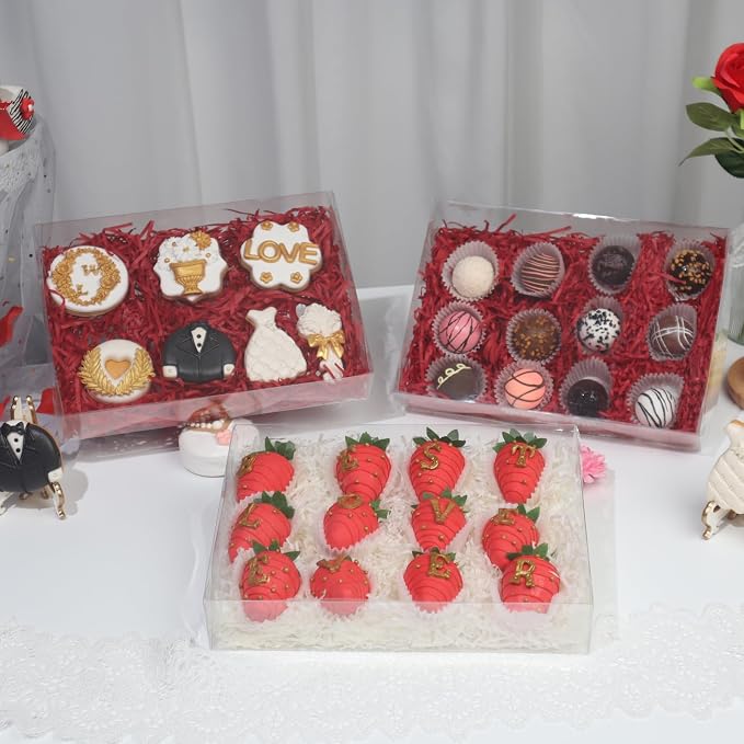 RomanticBaking 10PCS 10x7x2 inches Clear Bakery Boxes for Party Favors | Clear Treat Boxes for Strawberry,Cookies,Macaron,Gift and More