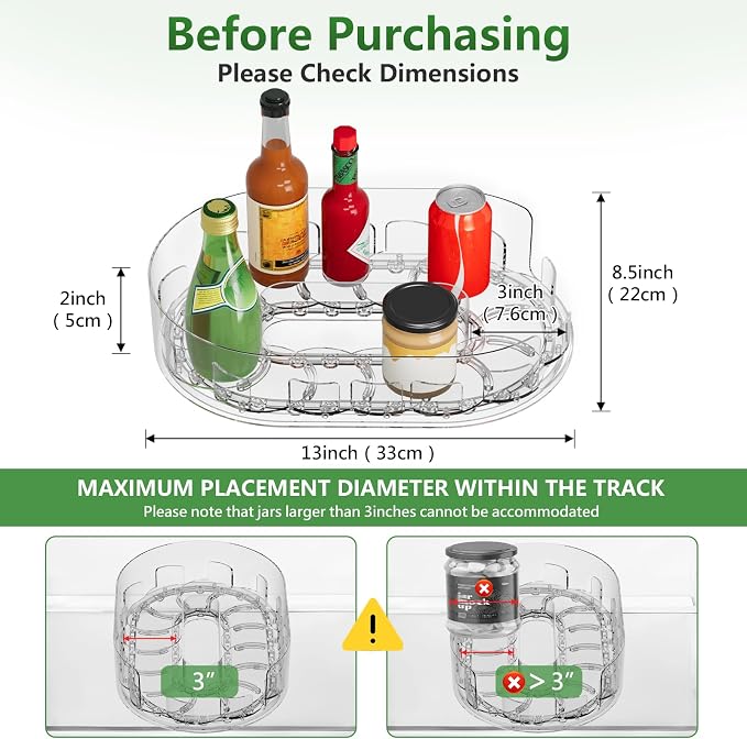 Lazy Susan Organizer for Refrigerator, 13" x 8.5" Clear Rectangular Fridge Organizer Turntable for Condiments, Spice Racks Organizer for Cabinet, Pantry & Kitchen Countertop(1 Piece)