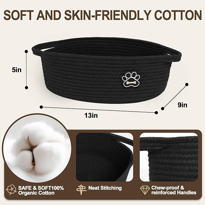 Small Dog Toy Basket, Soft Cotton Rope Dog Cat Toy Bin, Woven Storage Basket for Living Room Nursery, Cats Pet Gift Basket Empty, Decorative Wicker Storage Box with Handle, 13"x 9"x 5"