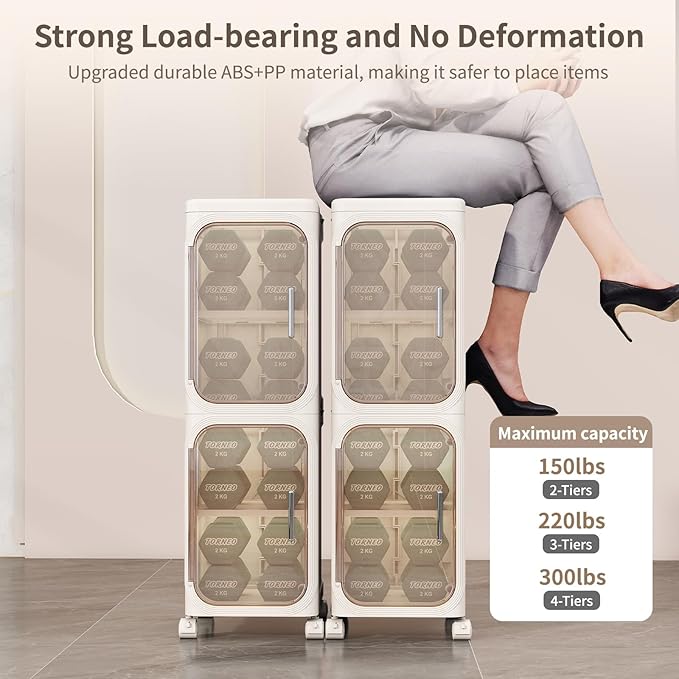 3 Tier Slim Bathroom Storage Cabinet, Foldable and Movable, Beige | Tools Free, ABS and PET, Magnetic Clear Door, Adjustable Shelves, Lockable Wheels, Water Resistant, For Narrow Space